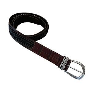 Brighton Brown Crocodile W/Black Braid/Weave Belt W/Silver Buckle - SIZE XL 36